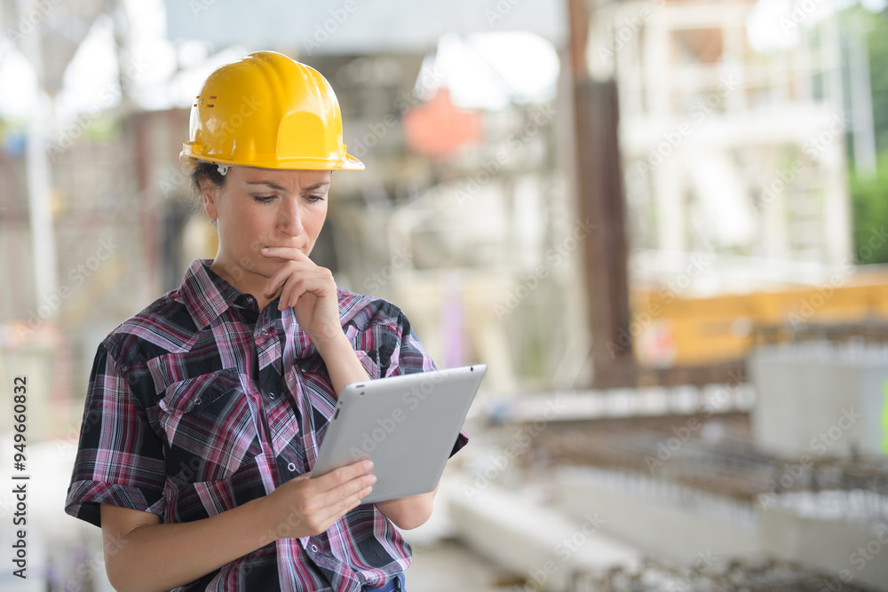 female construction engineer working on tablet at site female construction engineer working on tablet at site