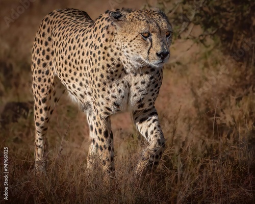 A cheetah walks confidently, blending into the grassy landscape