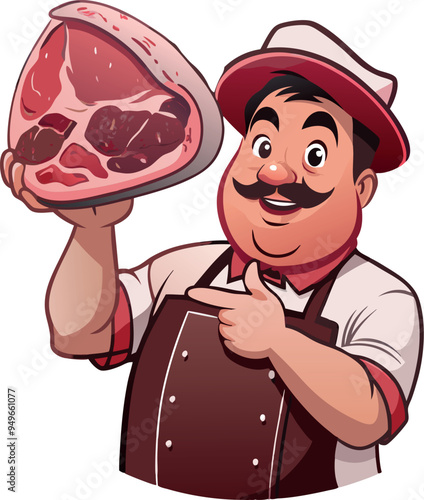 Cartoon butcher wearing apron and hat holding a big piece of red meat