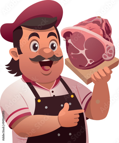 Cartoon butcher wearing apron and hat holding a big piece of red meat