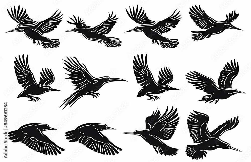 Obraz premium Stylized silhouettes of birds in flight showcasing various wing positions.