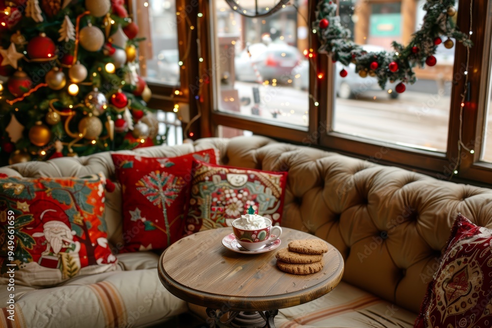 Cozy Corner in Cafe with Christmas Decor and Warm Beverages, Perfect for Holiday Relaxation Cozy Corner in Cafe with Christmas Decor and Warm Beverages, Perfect for Holiday Relaxation
