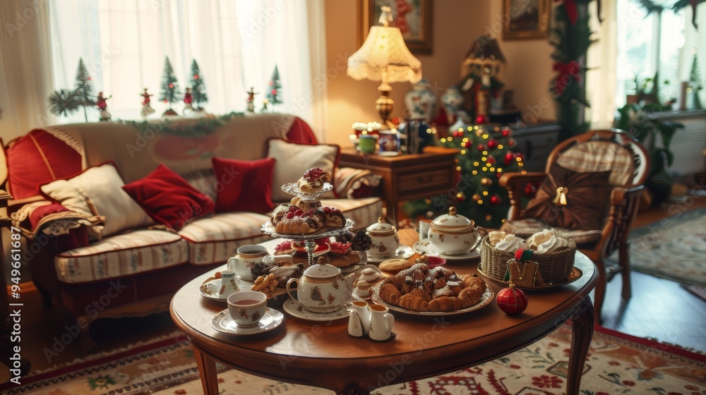 Cozy Christmas Tea Party in Elegant Living Room with Holiday Decorations and Festive Pastries Cozy Christmas Tea Party in Elegant Living Room with Holiday Decorations and Festive Pastries