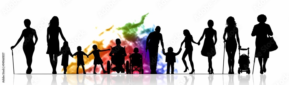 Fototapeta premium Diverse silhouettes representing family and community across generations.