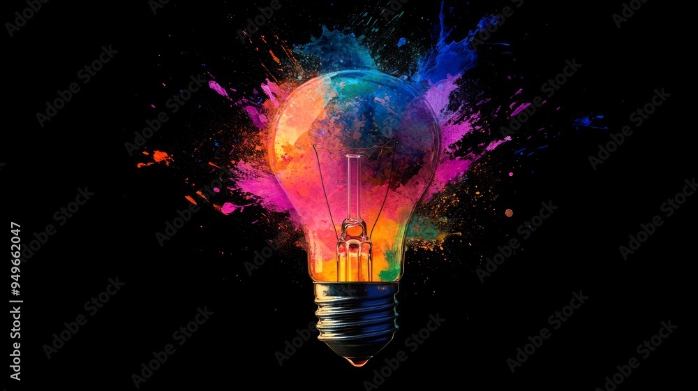 Creative light bulb explodes with colorful paint and colors. New idea, brainstorming concept Creative light bulb explodes with colorful paint and colors. New idea, brainstorming concept