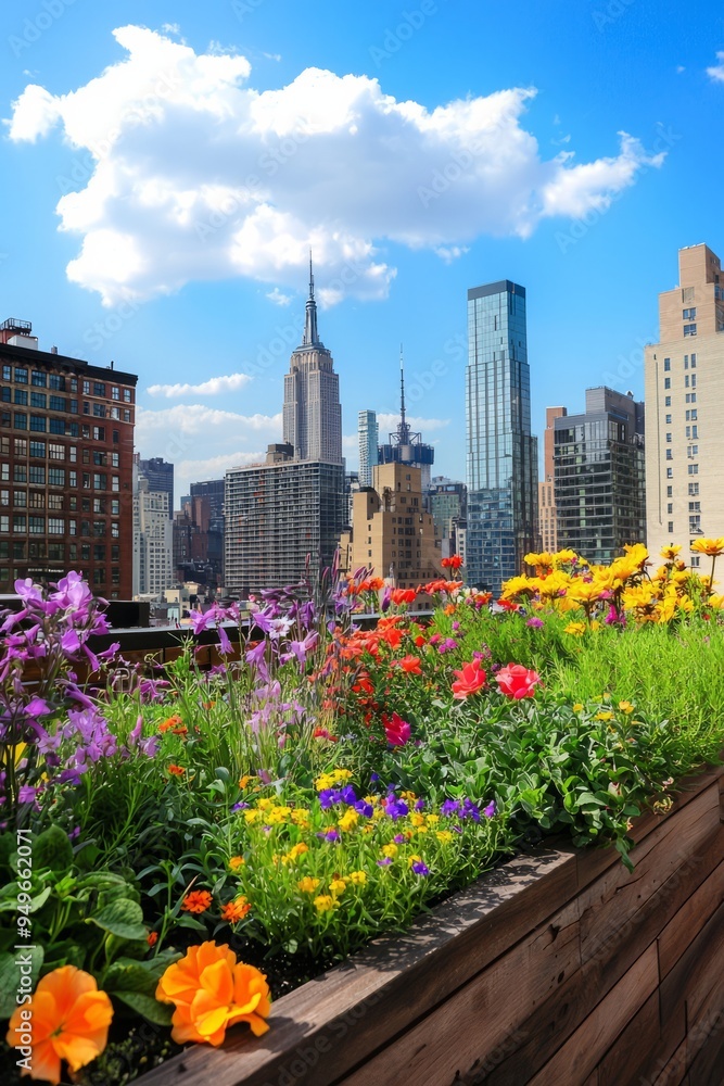 Rooftop garden featuring an array of colorful flowers and herbs. Cityscape visible from the garden, Generative AI