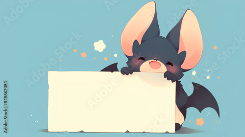 cute bat holding up a blank sign, colorful cartoon character, empty banner,, anime style, cute kawaii, simple, smiling happy. isolated background photo