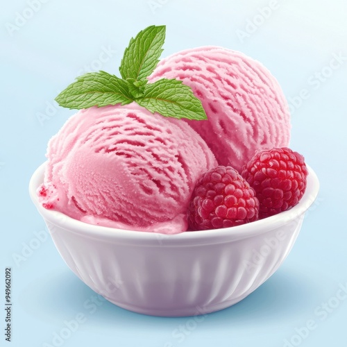 raspberry ice cream garnished with a mint leaf, showcasing vibrant colors and detailed textures.