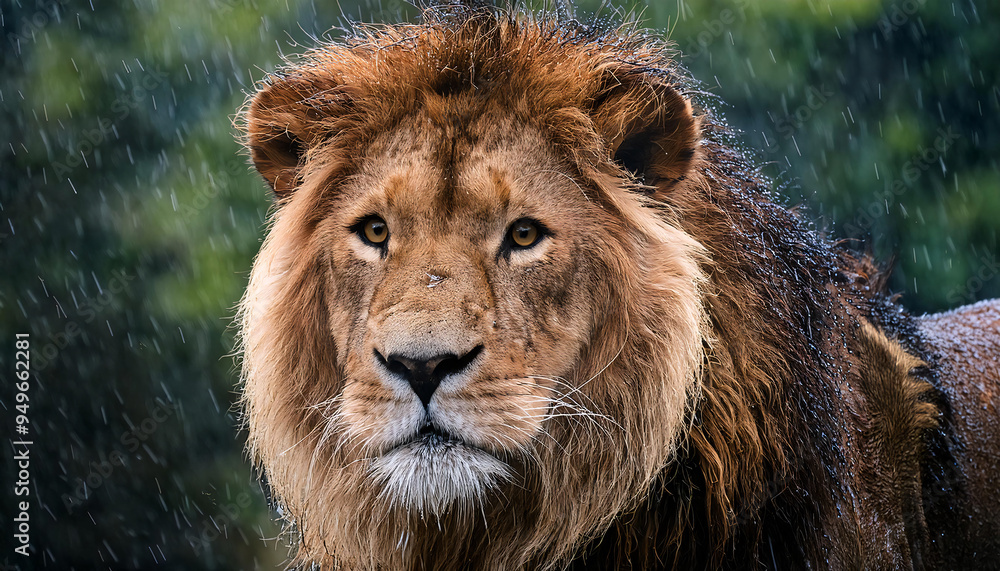 A male lion standing in the rain, droplets glistening on its mane A male lion standing in the rain, droplets glistening on its mane