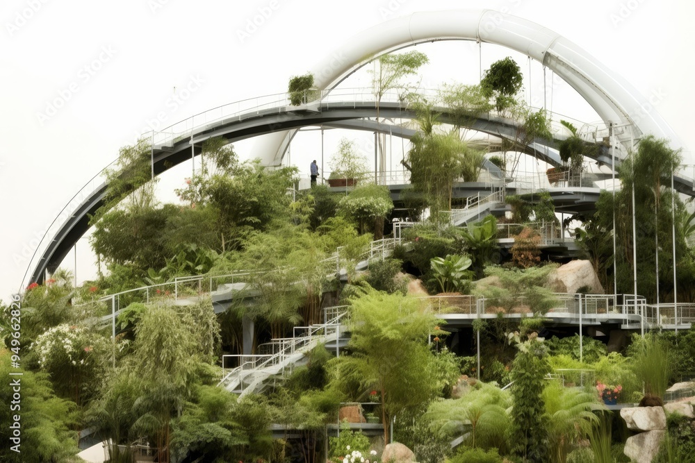 Fototapeta premium Modern Greenhouse with Curved Metal Structure and Lush Greenery