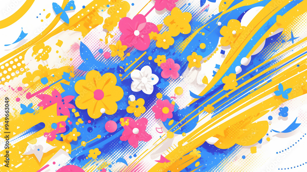 A vibrant 2D vector illustration with bold shapes and smooth lines. The design features abstract patterns, geometric forms, and playful characters in a lively, dynamic composition with a bright, contr A vibrant 2D vector illustration with bold shapes and smooth lines. The design features abstract patterns, geometric forms, and playful characters in a lively, dynamic composition with a bright, contr