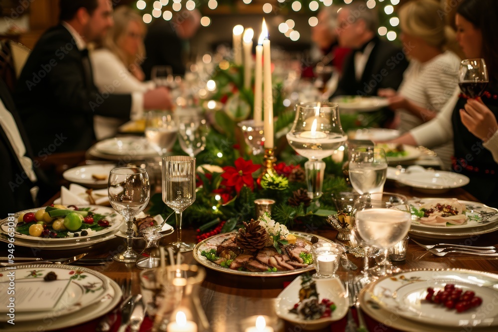 Elegant Christmas Dinner Party with Formal Attire, Centerpieces, and Candlelit Table Setup Elegant Christmas Dinner Party with Formal Attire, Centerpieces, and Candlelit Table Setup