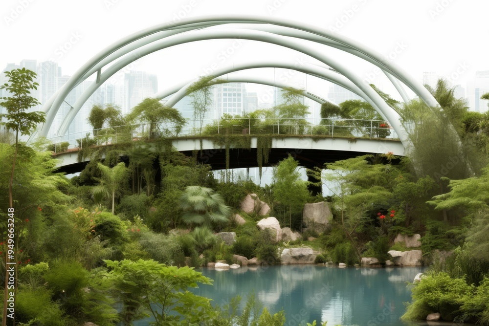 Naklejka premium Modern Arched Bridge Over Lush Urban Park
