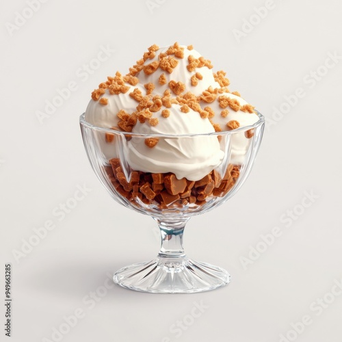 vanilla ice cream with toffee bits, served in a crystal dish.