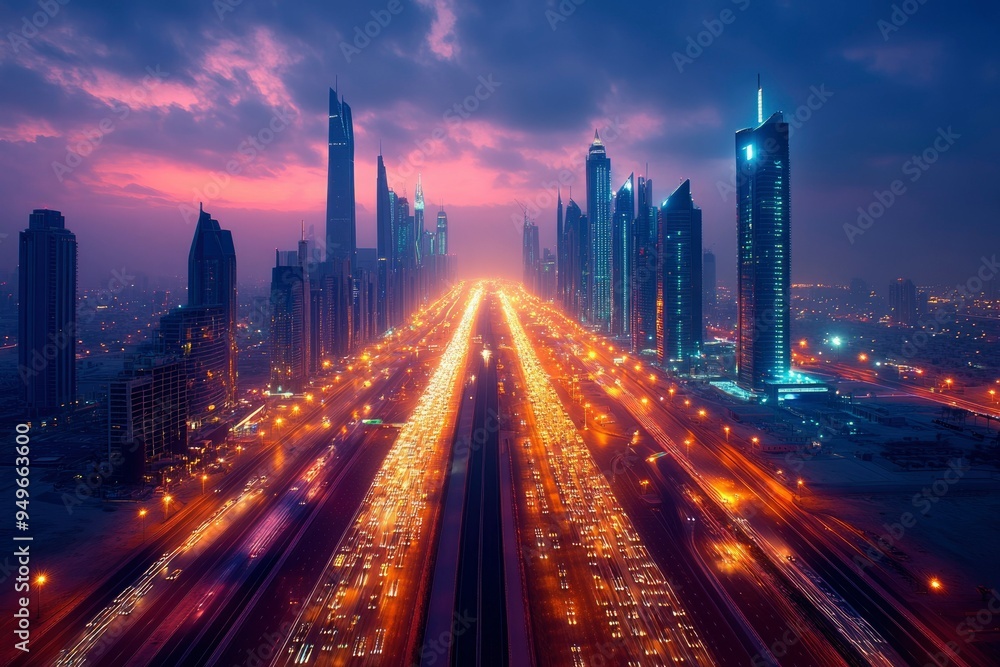 Aerial View of City Skyline at Dusk with Traffic Flowing Through a Highway Aerial View of City Skyline at Dusk with Traffic Flowing Through a Highway