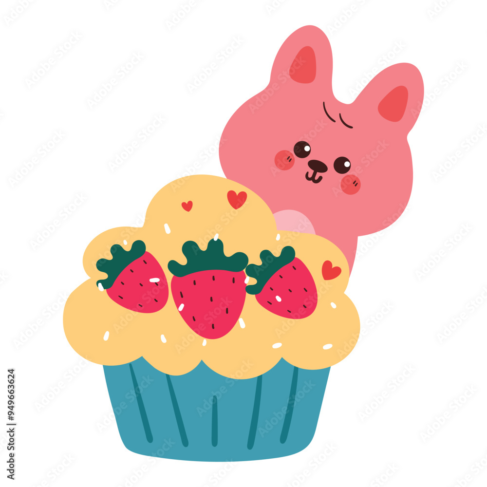 hand drawing cartoon bunny with cupcake. cute food and animal drawing, doodle hand drawing cartoon bunny with cupcake. cute food and animal drawing, doodle