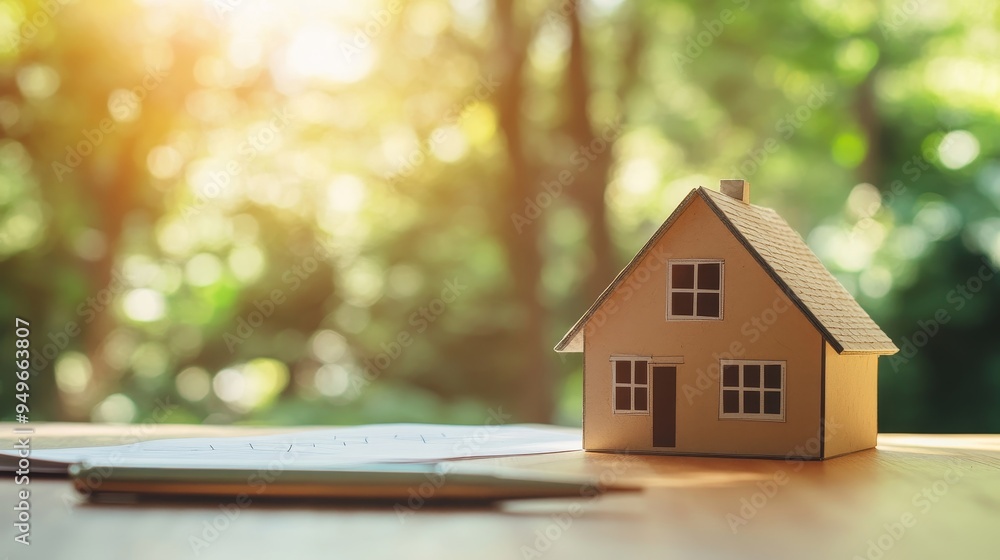 A small house model sits on an easel with a pen and paper nearby, symbolizing the planning and design process of building a new home, with a natural and serene backdrop. A small house model sits on an easel with a pen and paper nearby, symbolizing the planning and design process of building a new home, with a natural and serene backdrop.