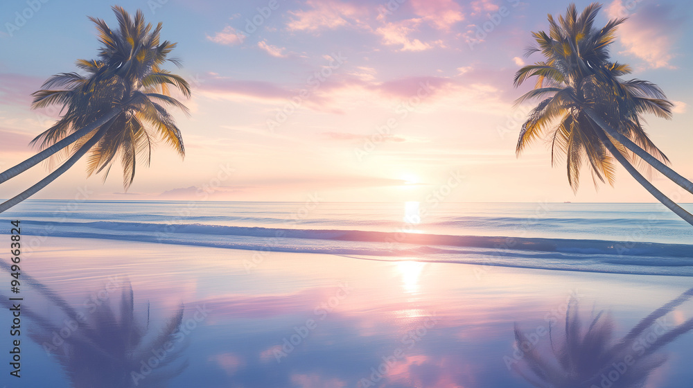 Fototapeta premium A peaceful tropical scene bathed in a stunning pink sunset, with soft hues reflecting on crystal-clear waters. Palm trees sway gently as the sun sets, casting a golden glow over the landscape.