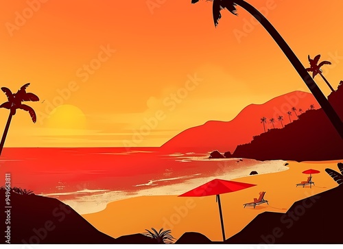 Serene sunset at the beach with palm trees and vibrant colors.