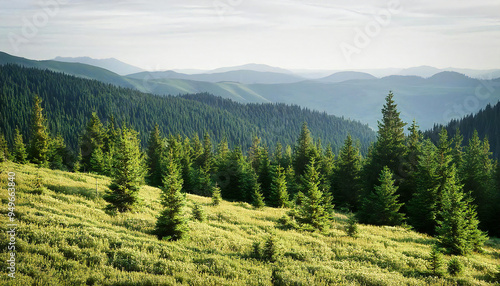 A clear view of the mountains. A panoramic view of the forest.