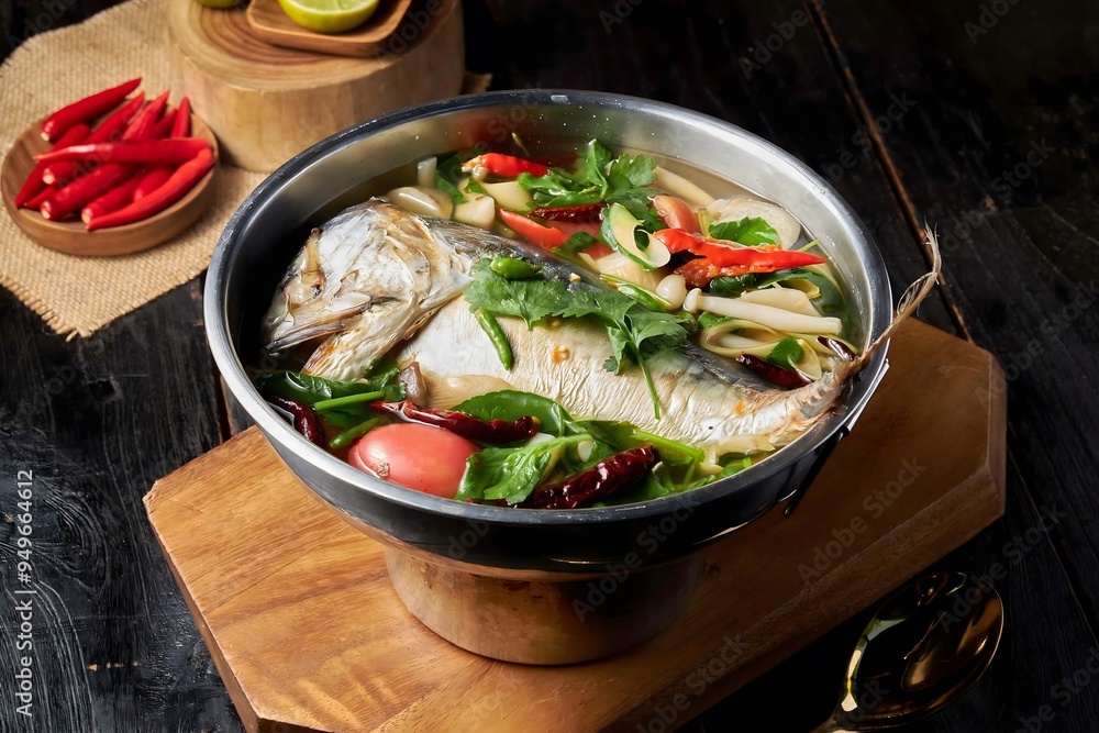 Carp gourami fish spicy soup with chili and herbs Carp gourami fish spicy soup with chili and herbs