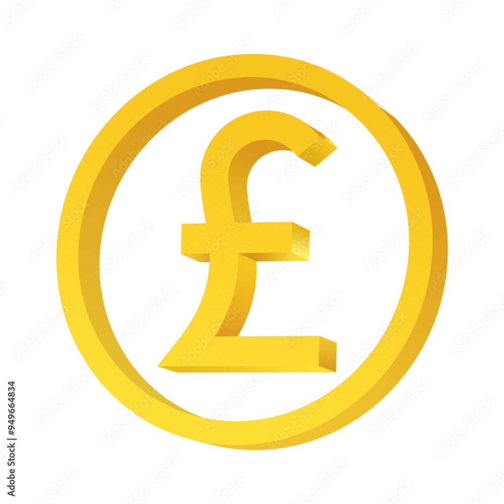 Golden 3D shape of Pound sterling currency logo in a ring circle. Embossed Pound sterling icon. Golden 3D shape of Pound sterling currency logo in a ring circle. Embossed Pound sterling icon.
