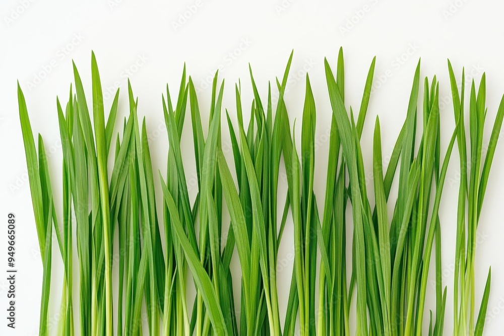 A vibrant display of green grass blades against a white background. A vibrant display of green grass blades against a white background.