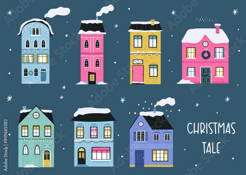 Hand-Drawn Christmas Buildings Set. Festive Holiday Illustrations