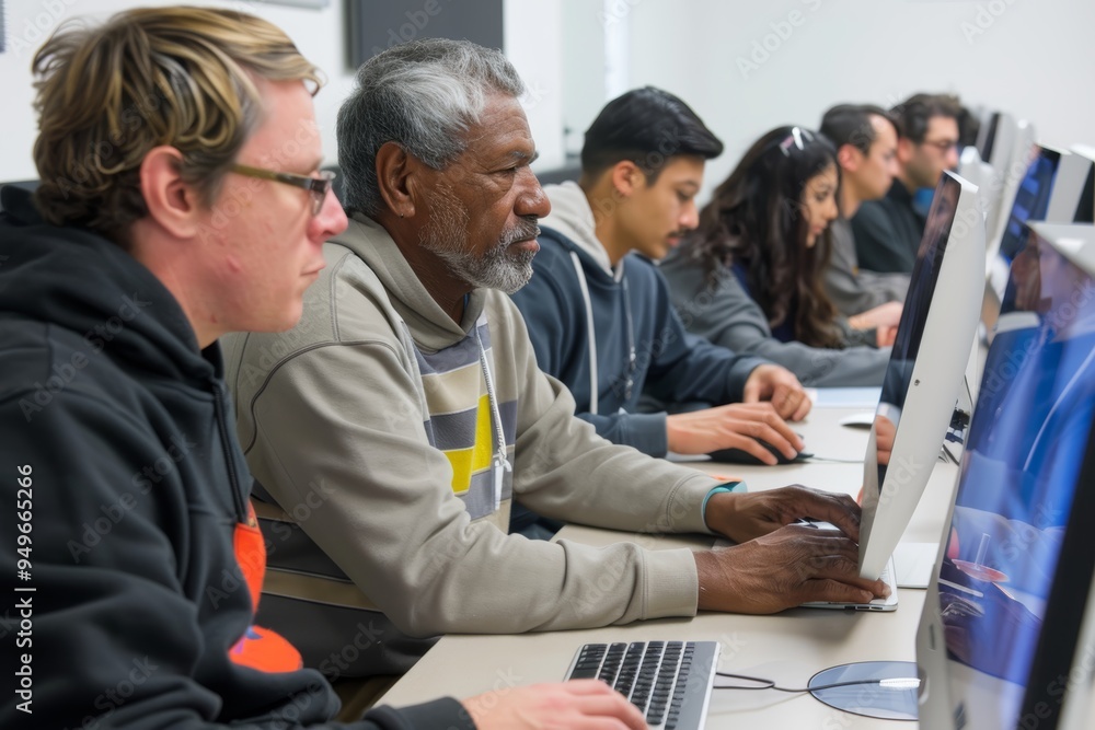 Adult Learners Engaged in Evening IT Class with Instructor Assistance in Modern Classroom Adult Learners Engaged in Evening IT Class with Instructor Assistance in Modern Classroom