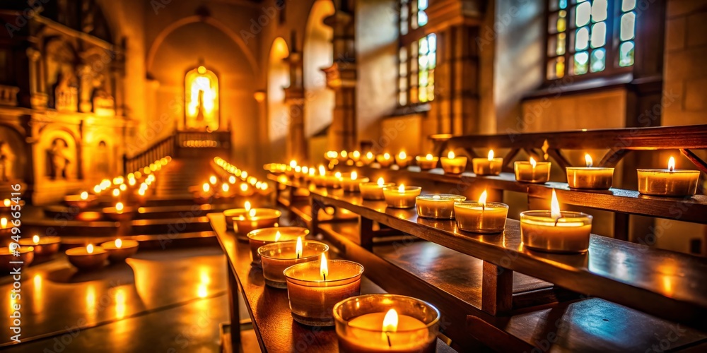 Fototapeta premium intimate candlelit prayer room soft focus warm golden glow gentle shadows contemplative atmosphere tranquil atmosphere sacred silence