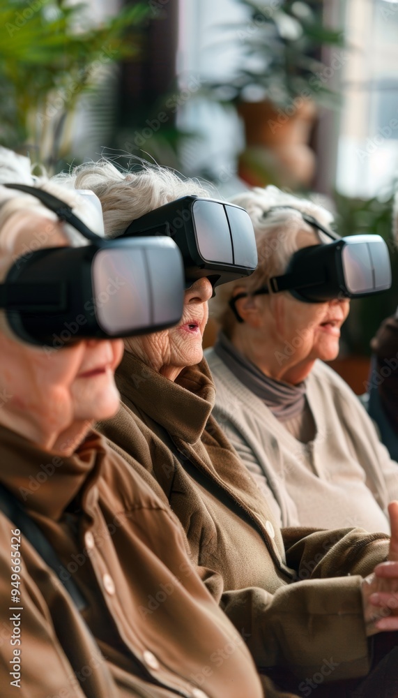 Fototapeta premium Elderly Friends Experiencing Virtual Reality Together in a Shared Session