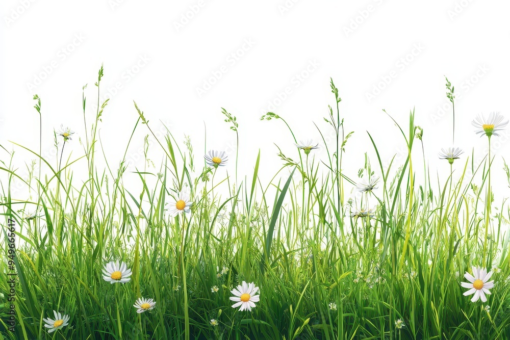 A vibrant field of green grass and daisies against a white background. A vibrant field of green grass and daisies against a white background.
