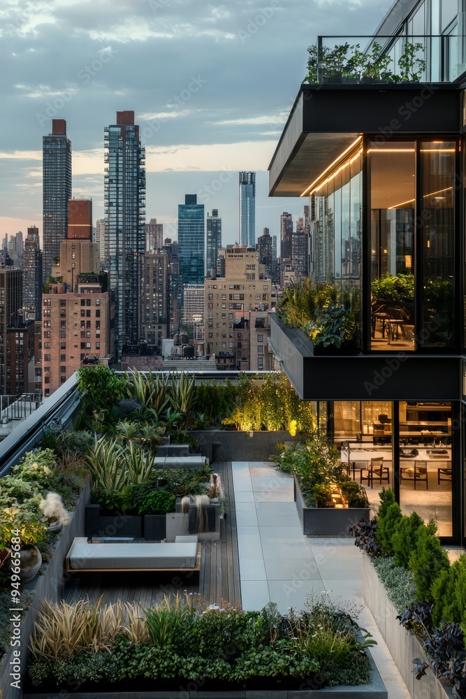 Fototapeta premium Rooftop garden with a variety of indoor and outdoor plants. Modern city buildings surrounding the space, Generative AI