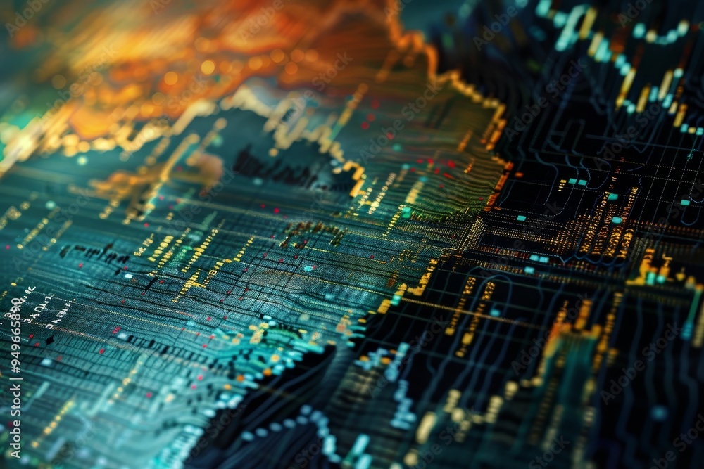Detailed view of a computer circuit board showing microchips, capacitors, and connectors, The blend of art and data visualization in stock market charts Detailed view of a computer circuit board showing microchips, capacitors, and connectors, The blend of art and data visualization in stock market charts