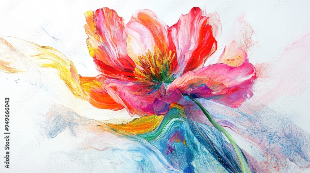 Obraz premium Colorful temporary art piece of a painted flower, displayed on a dynamic abstract white-light grey background, creating a stunning visual impact