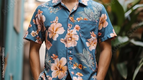 Wallpaper Mural A stylish and comfortable men's short sleeve button up shirt featuring a vibrant blue background with a tropical floral print. This shirt is perfect for summer occasions and will make a statement wher Torontodigital.ca