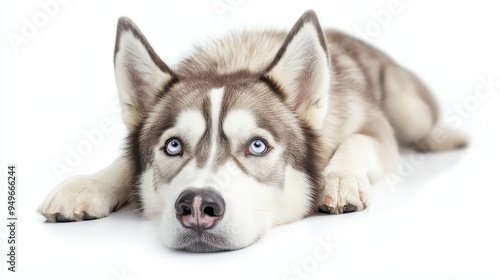 A sweet Siberian Husky puppy with blue eyes is lying on a white background, looking up with a gentle expression. This image captures the dog's innocence and playful nature, making it perfect for pet-r