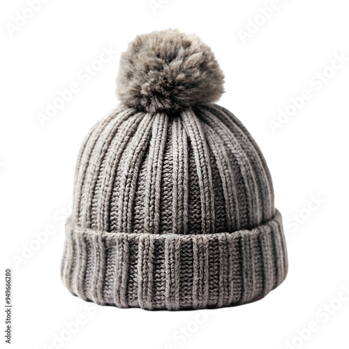 Winter gray woolen hat with a pompom Isolated white background