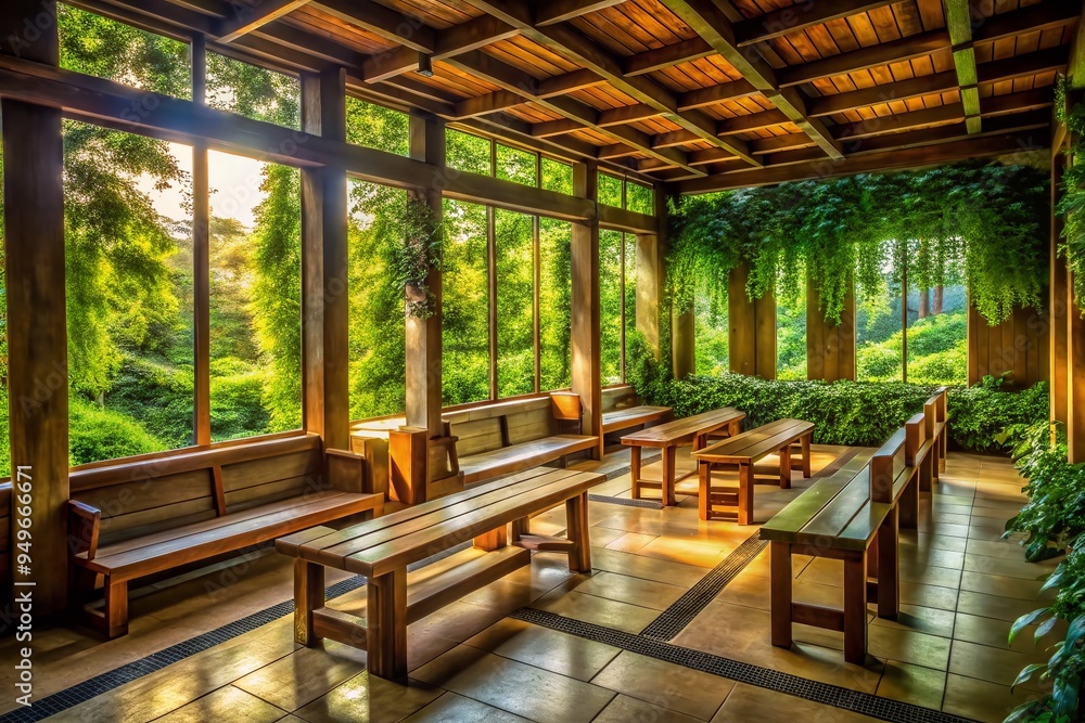 Fototapeta premium rustic wooden benches amidst lush greenery serene prayer room soft natural light gentle shadows peaceful ambiance contemplative solitude