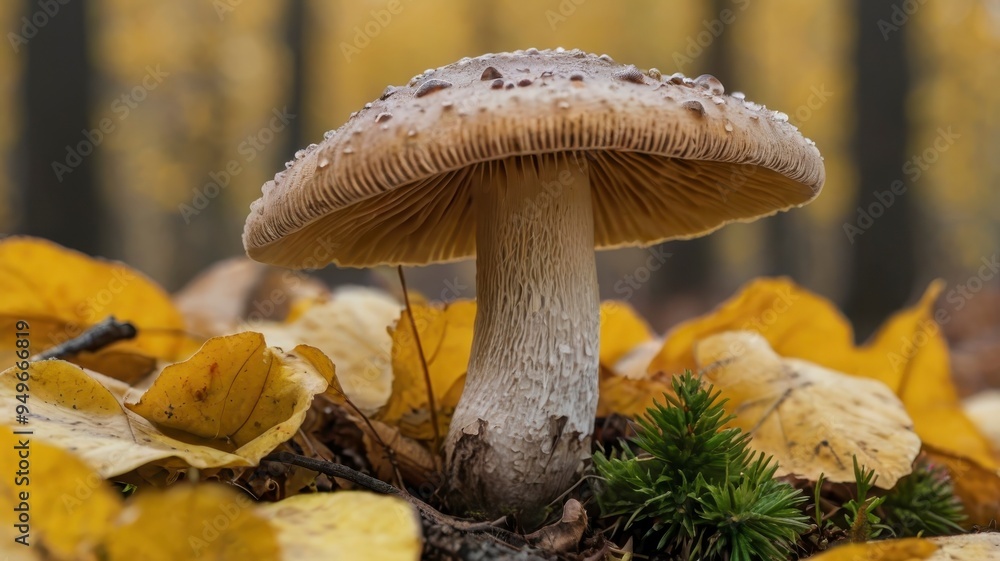Mushroom on yellow leaves in autumn Mushroom on yellow leaves in autumn