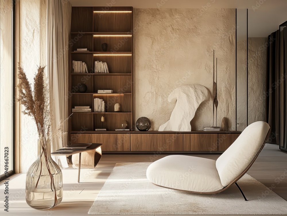 Picture of minimalist living room interior design, wooden bookcase with open ...