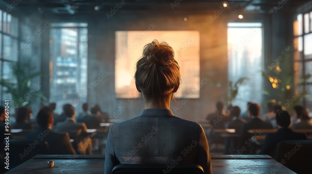 Female Conference Speaker Seen from Behind Female Conference Speaker Seen from Behind