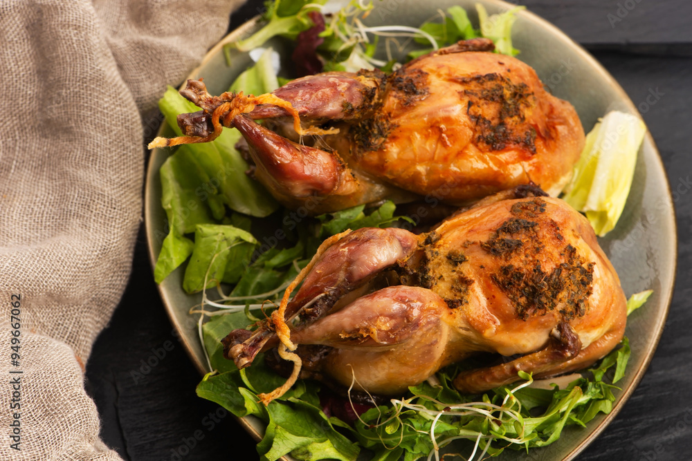 Baked tasty quails on ceramics plate with salad Baked tasty quails on ceramics plate with salad