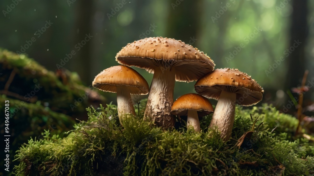 Mushrooms on mossy wood piece isolated transparent background Mushrooms on mossy wood piece isolated transparent background