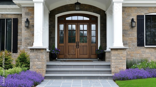 An upscale residential entrance, double wooden arched doors with glass panes, portico with white trim and columns, stone facade, landscaped walkway with purple flowers or shrubs, windows with black fr