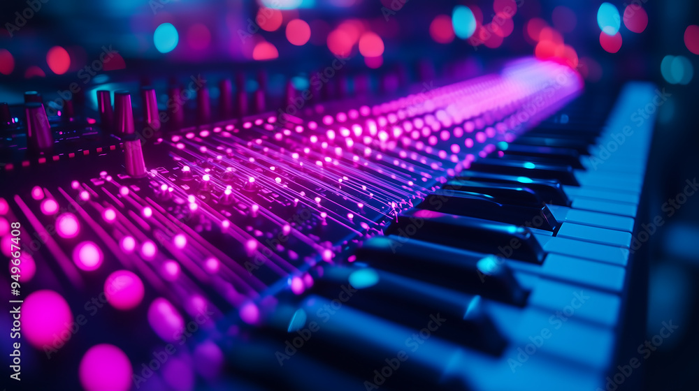 Illuminated Keyboard and Mixer in Neon Lights Illuminated Keyboard and Mixer in Neon Lights