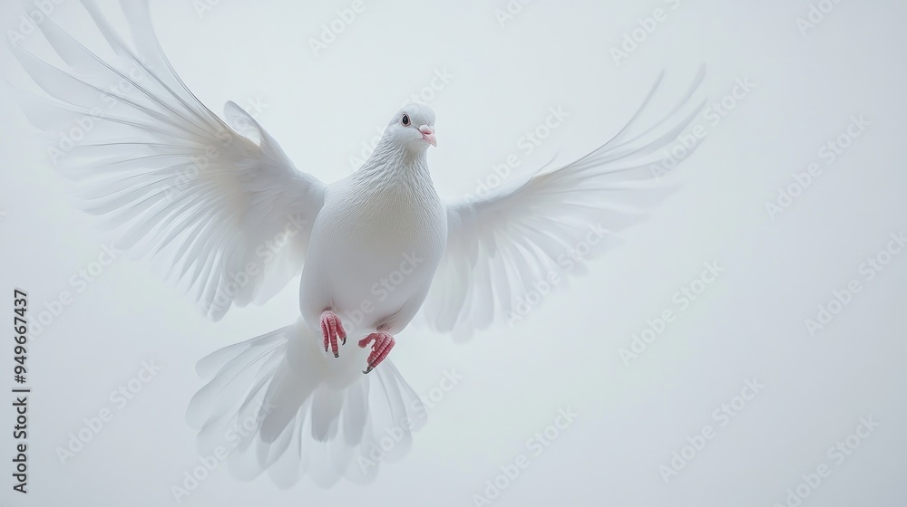 Obraz premium Flying white dove with wings spread wide, set against an abstract white-light grey background, creating a serene and peaceful scene