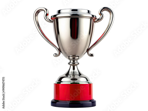 A silver champions trophy with a red base is isolated on a white background. The trophy has two handles and a classic design photo