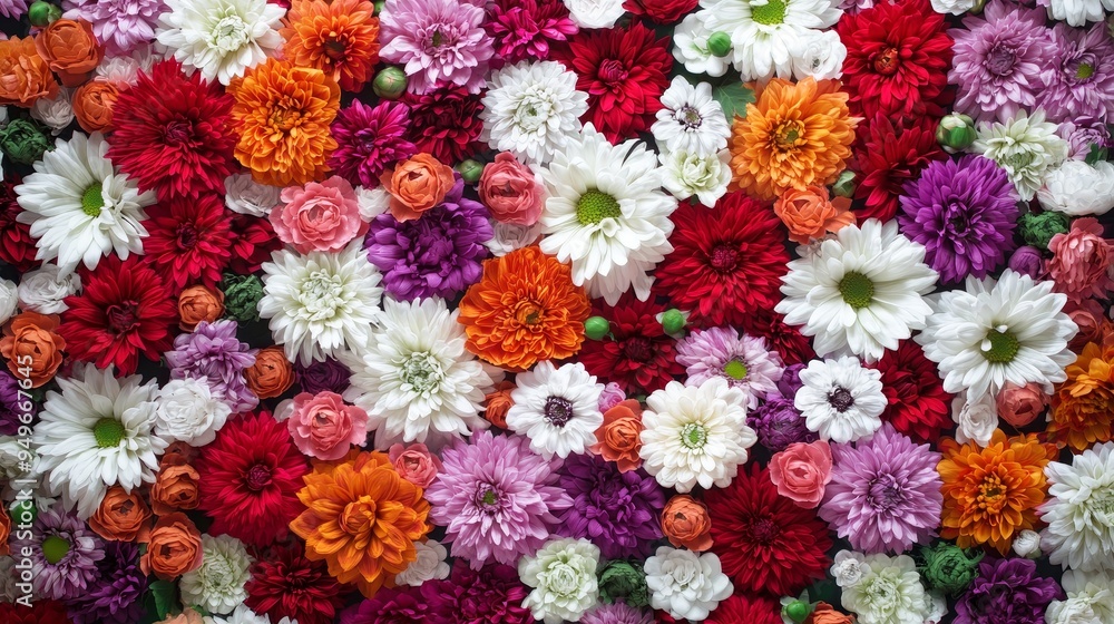 A vibrant and cheerful floral background featuring a close-up view of a wall covered in a variety of colorful flowers, including red, orange, pink, white, and purple blooms. The image symbolizes beaut A vibrant and cheerful floral background featuring a close-up view of a wall covered in a variety of colorful flowers, including red, orange, pink, white, and purple blooms. The image symbolizes beaut