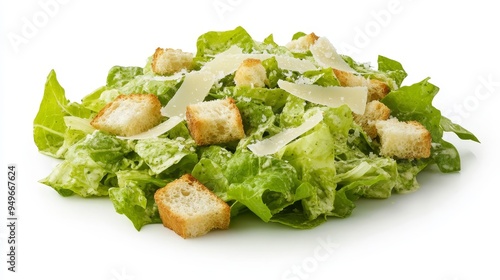 A vibrant and appetizing Caesar salad featuring crisp romaine lettuce, creamy dressing, crunchy croutons, and a generous sprinkle of grated Parmesan cheese.  This classic salad embodies fresh ingredie photo